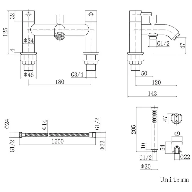 Trent Matt Black Basin & Shower Bath Mixer Tap Set
