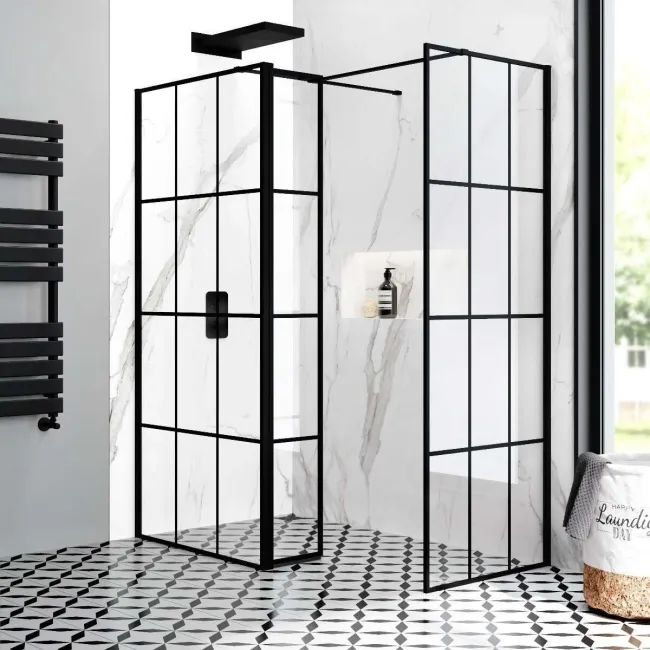 Munich Matt Black Grid 8mm Walk In Shower Enclosure 900mm & 700mm Glass with Pivotal Return Panel