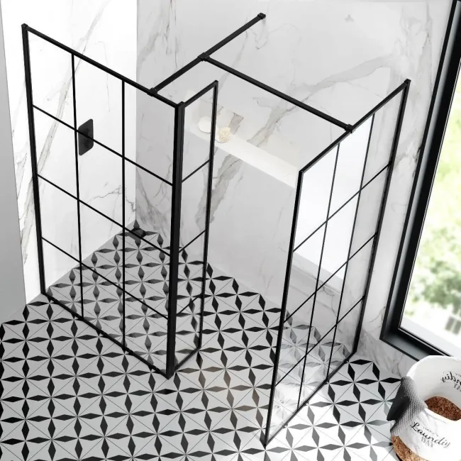 Munich Matt Black Grid 8mm Walk In Shower Enclosure 1000mm & 900mm Glass with Pivotal Return Panel