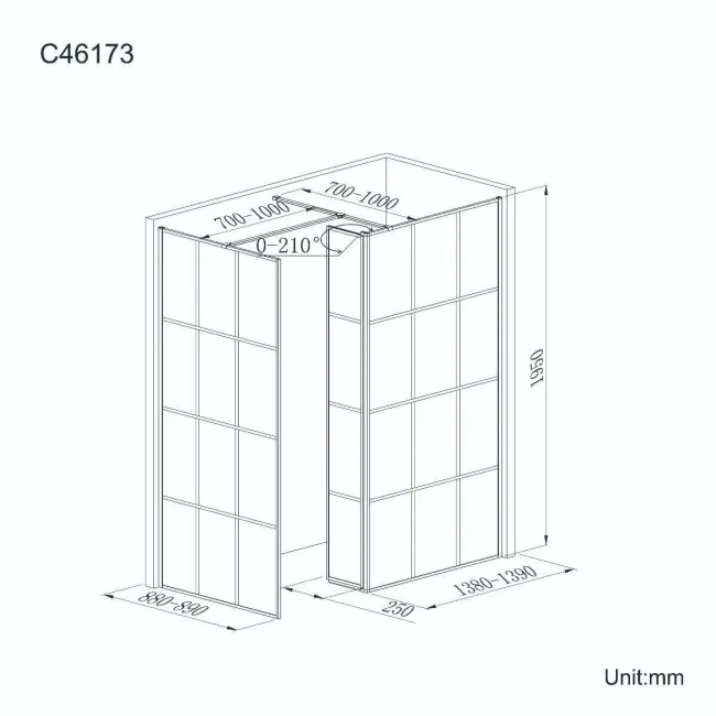 Munich Matt Black Grid 8mm Walk In Shower Enclosure 1400mm & 900mm Glass with Pivotal Return Panel
