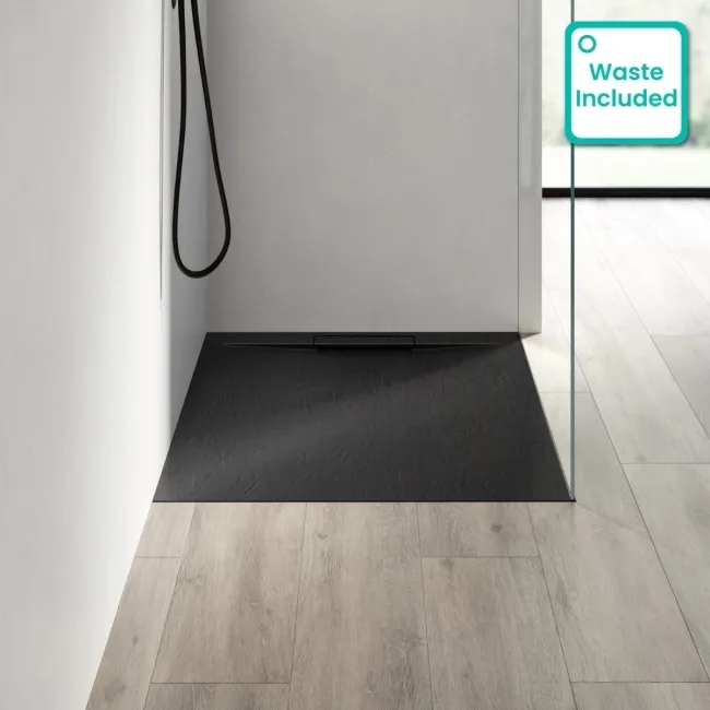 Tokyo Rectangular Matt Black Slate Texture Stone Shower Tray 1100x800mm