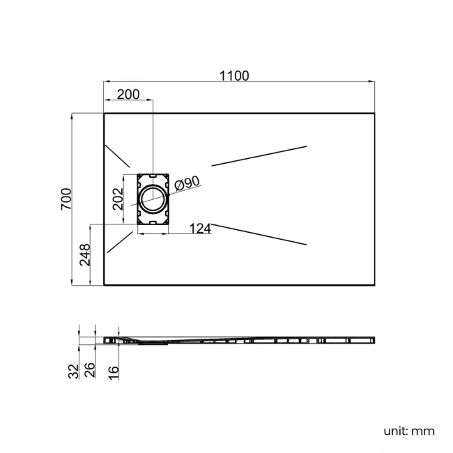 Berlin Rectangular Matt Black Slate Effect SMC Composite Shower Tray 1100x700mm