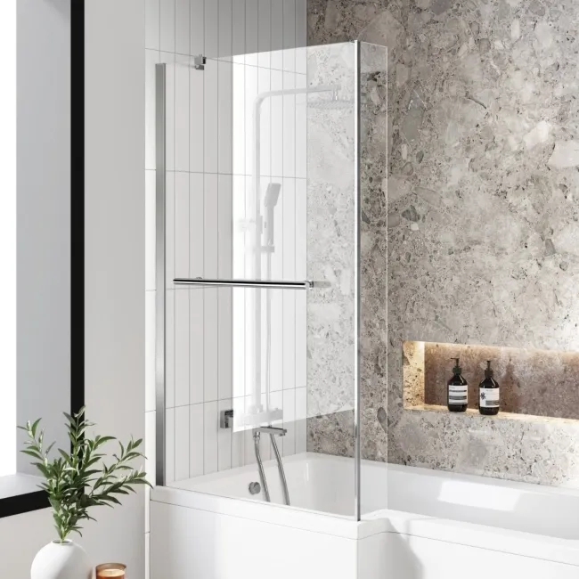 L Shaped 1600 Shower Bath with Front Panel & 4mm Fixed Screen with Rail - Left Handed