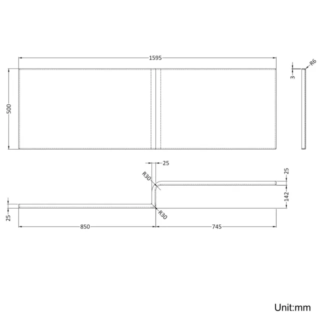 L Shaped 1600 Shower Bath with Front Panel & 4mm Fixed Screen with Rail - Left Handed