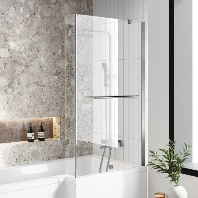 L Shaped 1600 Shower Bath with Front Panel & 4mm Fixed Screen with Rail - Right Handed