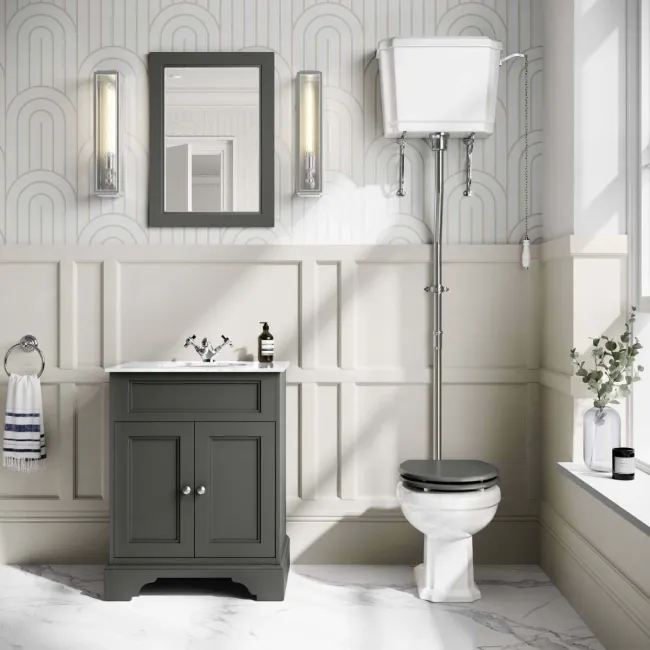 Hudson Traditional Toilet With High-Level Cistern and Graphite Grey Wooden Seat