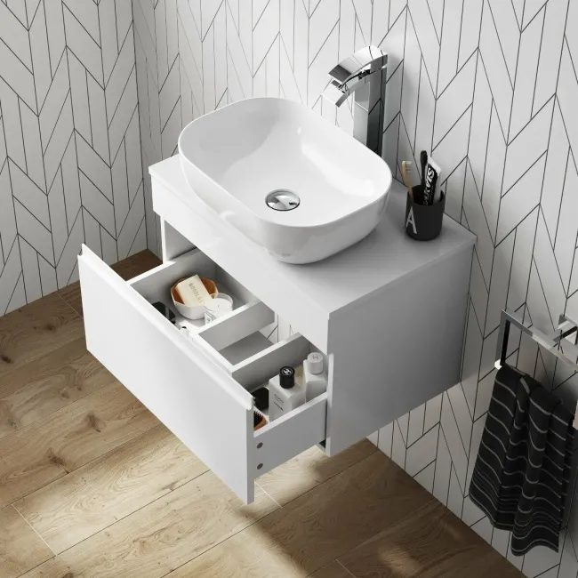 Trent Gloss White Wall Hung Drawer Vanity with Curved Counter Top Basin 600mm