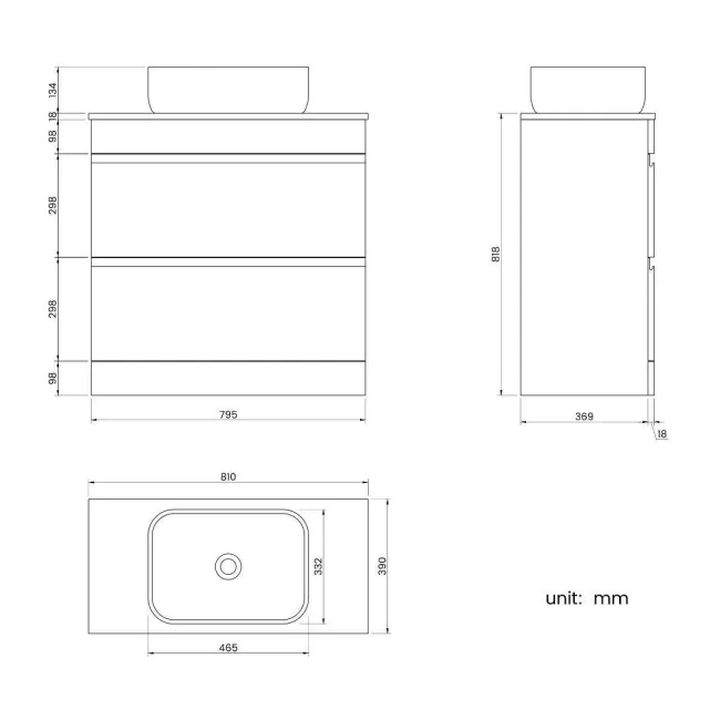Trent Gloss White Vanity Drawer with Curved Counter Top Basin 800mm