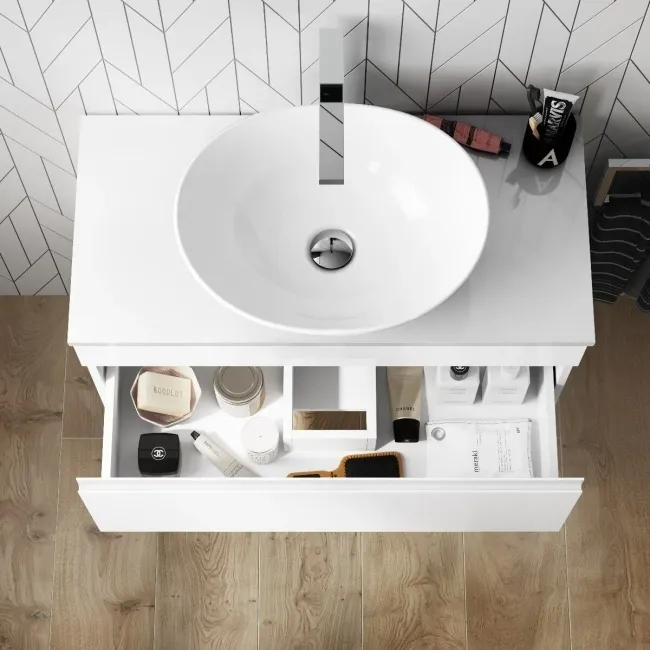 Trent Gloss White Wall Hung Drawer Vanity with Oval Counter Top Basin 800mm