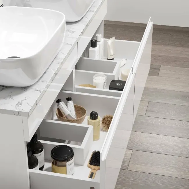 Trent Gloss White Double Vanity Drawer with Marble Top & Curved Counter Top Basin 1200mm