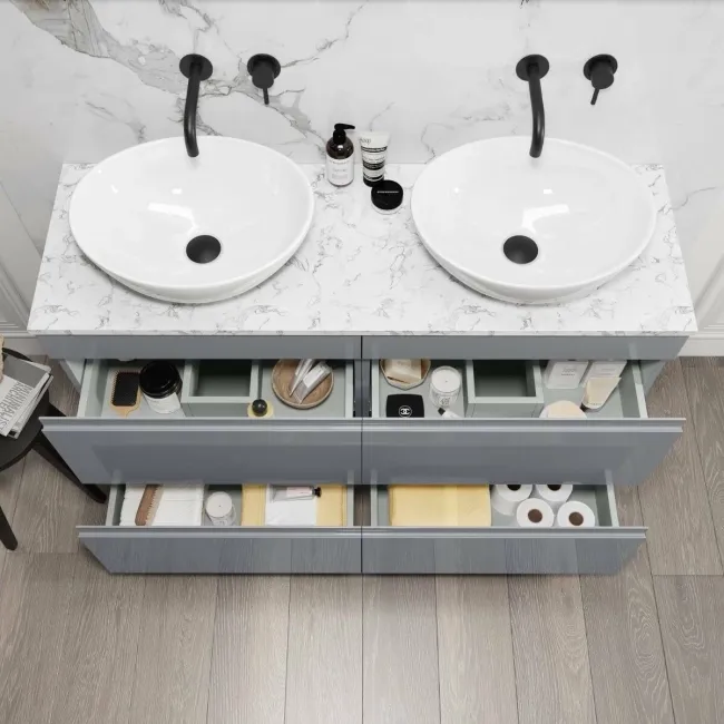 Trent Stone Grey Double Vanity Drawer with Marble Top & Oval Counter Top Basin 1200mm