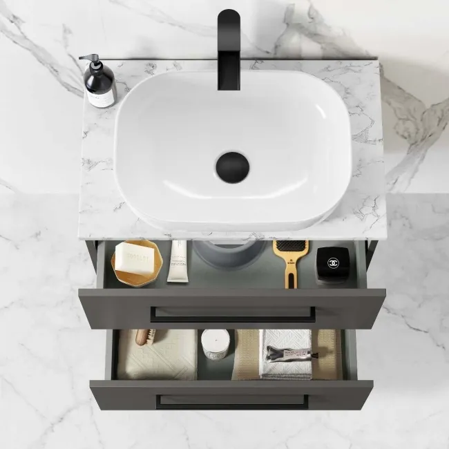Elba Graphite Grey Wall Hung Drawer Vanity with Marble Top & Curved Counter Top Basin 600mm - Black Accents