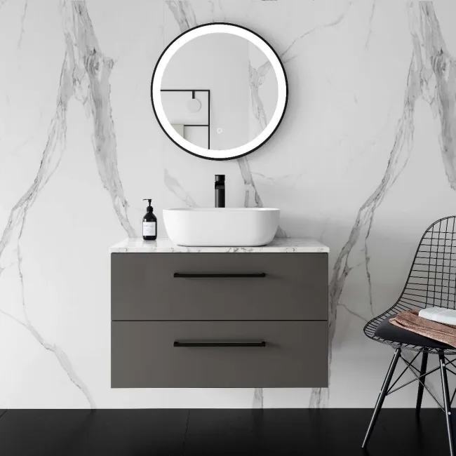 Elba Graphite Grey Wall Hung Drawer Vanity with Marble Top & Curved Counter Top Basin 800mm - Black Accents