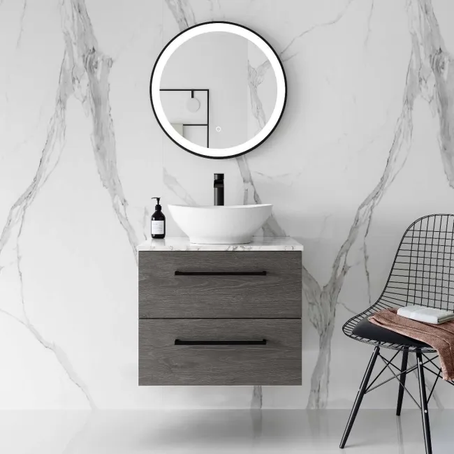 Elba Charcoal Elm Wall Hung Drawer Vanity with Marble Top & Oval Counter Top Basin 600mm - Black Accents