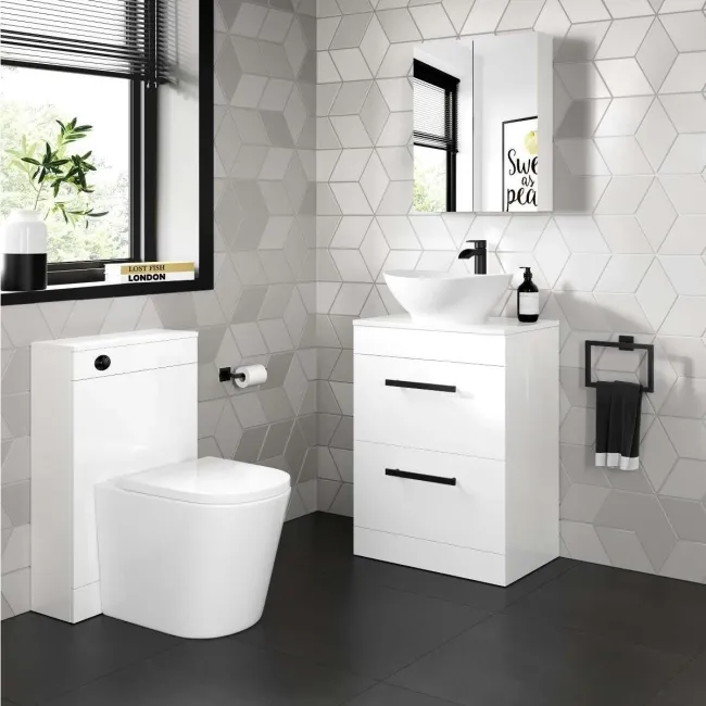 Avon Gloss White Vanity Drawer with Oval Counter Top Basin 600mm - Black Accents