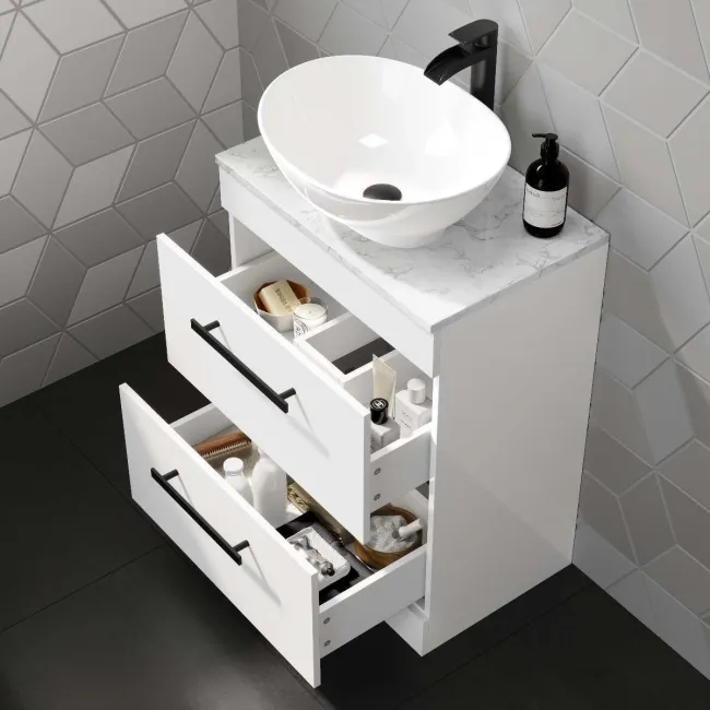 Avon Gloss White Vanity Drawer with Marble Top & Oval Counter Top Basin 600mm - Black Accents