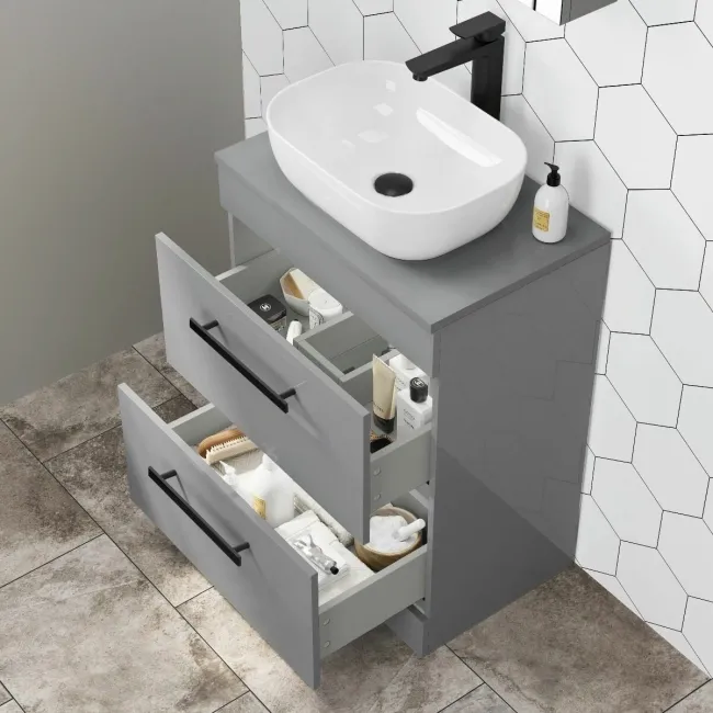 Avon Stone Grey Vanity Drawer with Curved Counter Top Basin 600mm - Black Accents