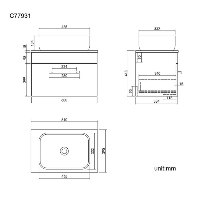 Avon Stone Grey Wall Hung Drawer Vanity with Curved Counter Top Basin 600mm - Black Accents