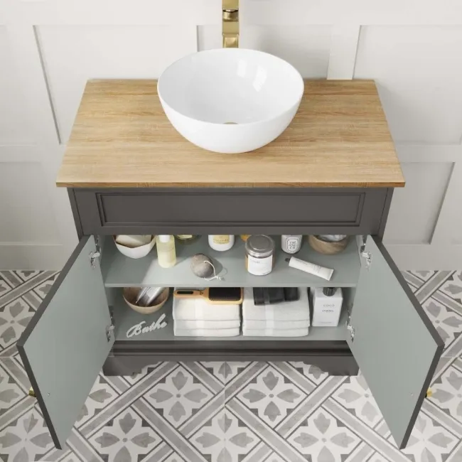 Lucia Graphite Grey Vanity with Oak Effect Top & Round Counter Top Basin 840mm - Brushed Brass Accents
