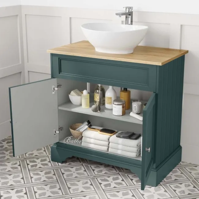 Lucia Midnight Green Vanity with Oak Effect Top & Oval Counter Top Basin 840mm