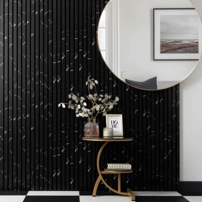 Trepanel Design® Black Marble Effect on Black Felt Acoustic Wood Slat Panels