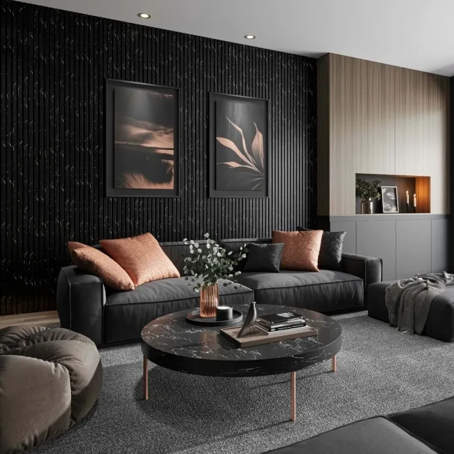 Trepanel Design® Black Marble Effect on Black Felt Acoustic Wood Slat Panels