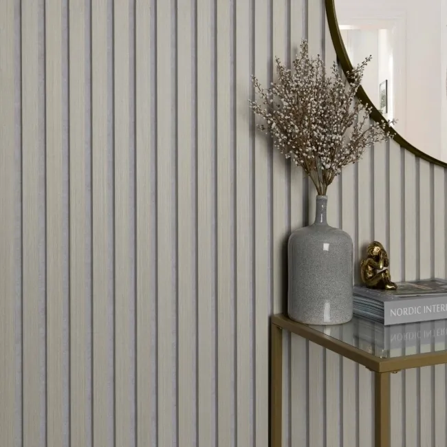 Trepanel® Light Oak on Antique White Felt Acoustic Wood Slat Panels