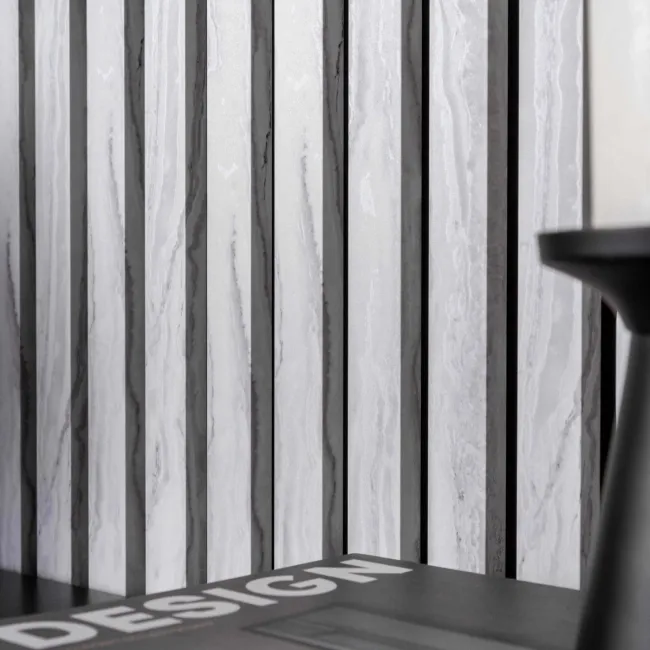 Trepanel Design® White Marble Effect on Black Felt Acoustic Wood Slat Panels