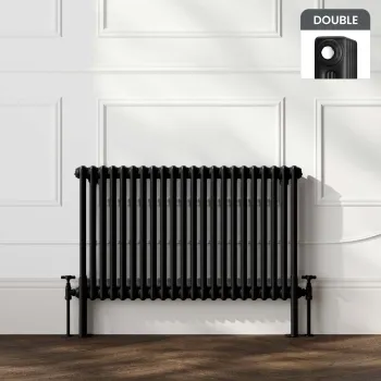 Athens Matt Black Double Column Horizontal Traditional Radiator 600x1010mm