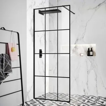 Munich Matt Black Grid Easy Clean 8mm Wet Room Shower Glass Panel 900mm