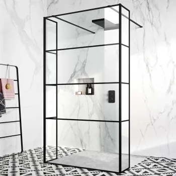 Munich Matt Black Grid 8mm Walk Through Wet Room Shower Glass Panel 1200mm & 250mm Return Panel