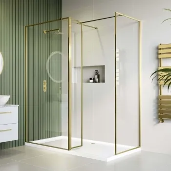 Munich Brushed Brass Framed 8mm Walk In Shower Enclosure 1000mm & 800mm Glass with Return Panel