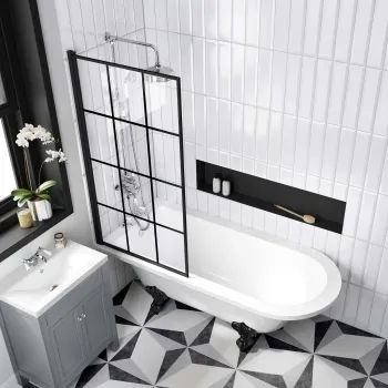 Abingdon 1700 Roll Top Shower Bath - Black Ball Feet & 6mm Easy Clean Matt Black Grid Screen