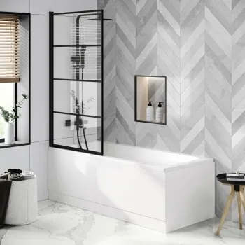 Hereford 1600x700 Square Shower Bath & 6mm Easy Clean Matt Black Grid Bath Screen