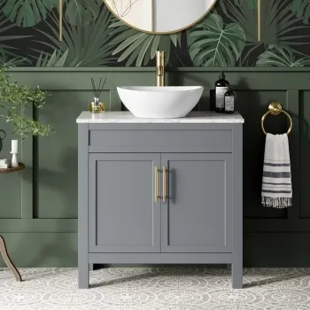 Bermuda Dove Grey Vanity with Marble Top & Oval Counter Top Basin 800mm - Brass Knurled Handles