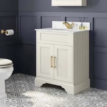 Lucia Chalk White Vanity with Marble Top & Undermount Basin 630mm - Brass Knurled Handles