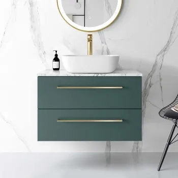 Elba Midnight Green Wall Hung Drawer Vanity with Marble Top & Curved Counter Top Basin 800mm - Brushed Brass Accents