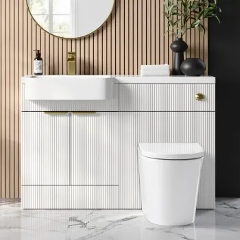Sicily Fluted Coastal White Combination Vanity Basin and Boston Toilet 1200mm - Brushed Brass Accents - Left Handed