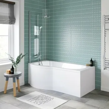 P Shaped 1600 Shower Bath with Front Panel & 4mm Screen - Left Handed