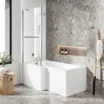 L Shaped 1600 Shower Bath with Front Panel & 4mm Fixed Screen with Rail - Left Handed