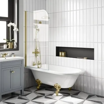 Abingdon 1500 Roll Top Shower Bath - Brushed Brass Ball Feet & 6mm Easy Clean Brushed Brass Bath Screen