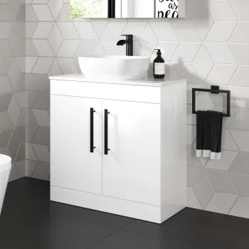 Avon Gloss White Vanity with Curved Counter Top Basin 800mm - Black Accents