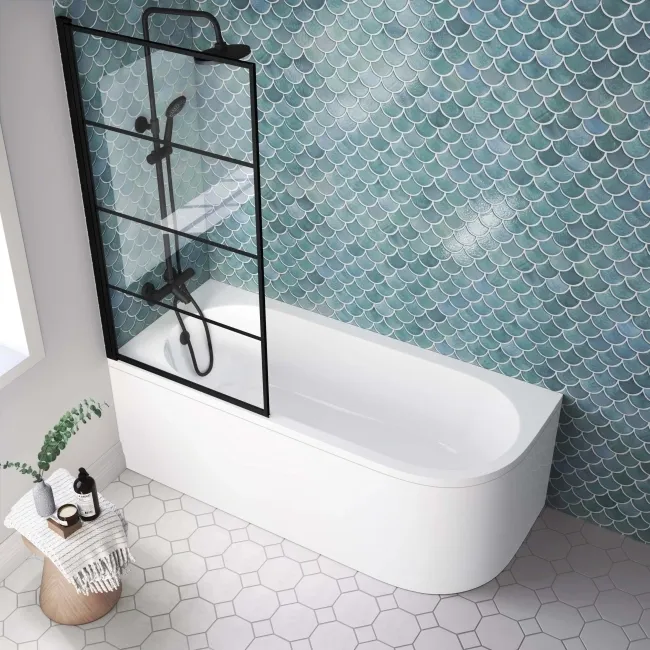 Oakham 1700 Space Saving Shower Bath & 6mm Easy Clean Matt Black Grid Bath Screen - Left Handed