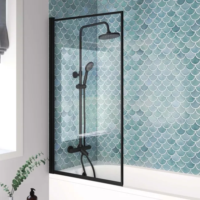 Oakham 1700 Space Saving Shower Bath & 6mm Easy Clean Matt Black Framed Bath Screen - Left Handed