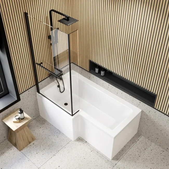 L Shaped 1600 Shower Bath & 6mm Matt Black Easy Clean Screen with Rail - Left Handed