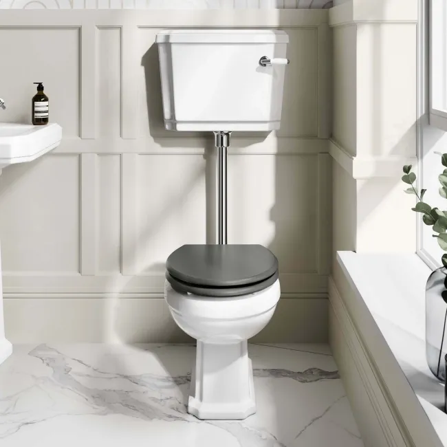 Hudson Traditional Low-Level Toilet With Graphite Grey Seat & Pedestal Basin - Single Tap Hole