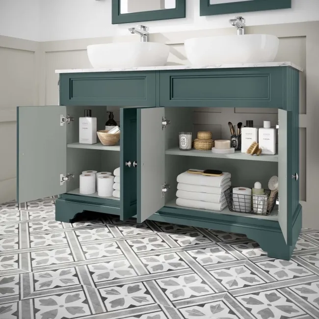 Lucia Midnight Green Double Vanity with Marble Top & Curved Counter Top Basin 1200mm