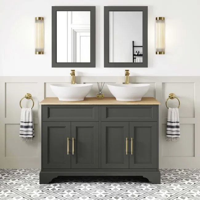 Lucia Graphite Grey Double Vanity with Oak Effect Top & Oval Counter Top Basin 1200mm - Brass Knurled Handles