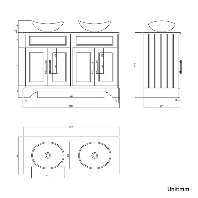 Lucia Graphite Grey Double Vanity with Oak Effect Top & Oval Counter Top Basin 1200mm - Brass Knurled Handles