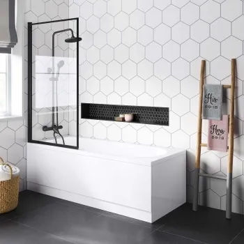 Stafford 1700x700 Round Shower Bath & 6mm Easy Clean Matt Black Framed Bath Screen